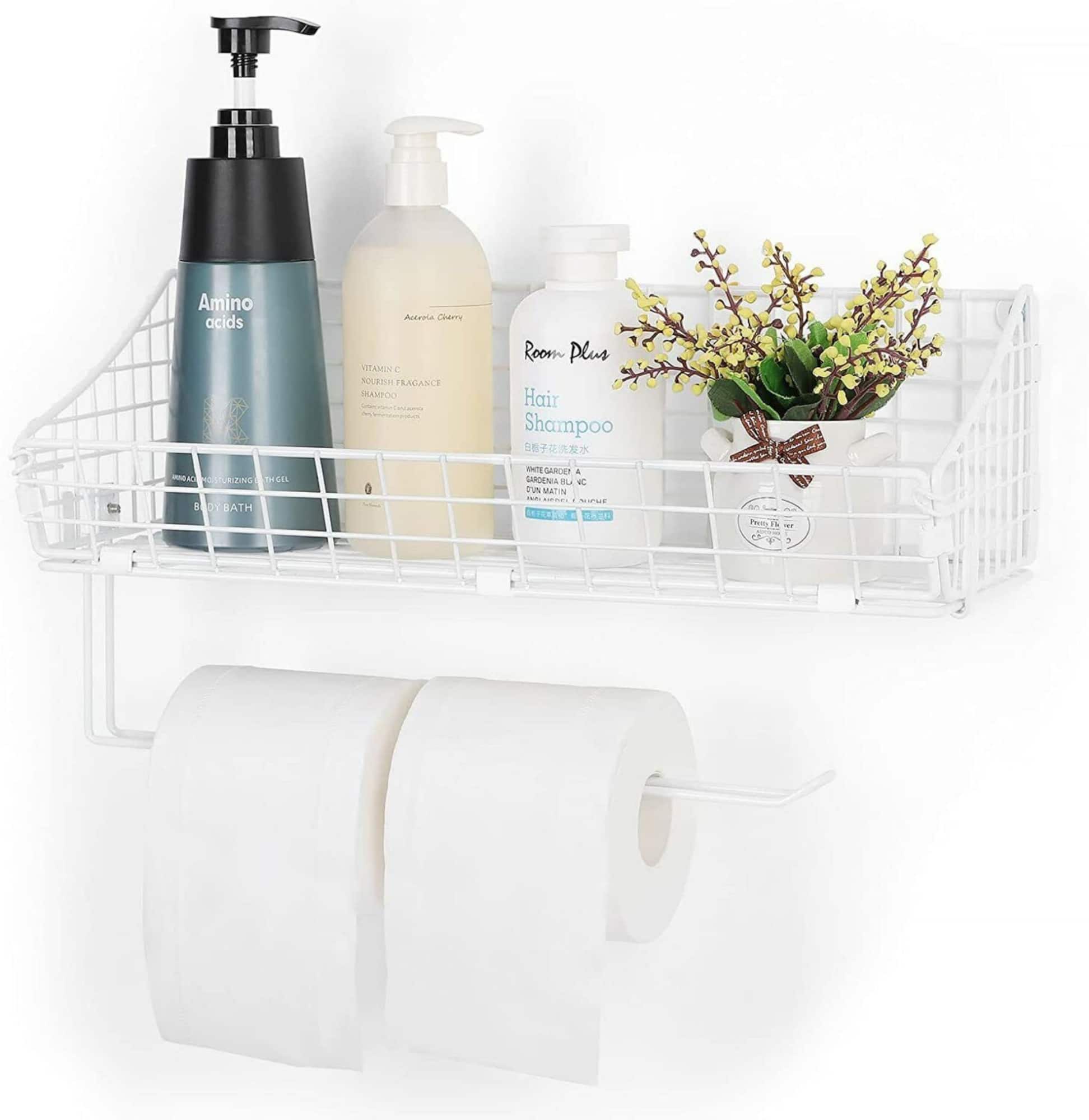 NEX™ 16" White Wall Mounted Wire Basket Shelf & Paper Roll Holder